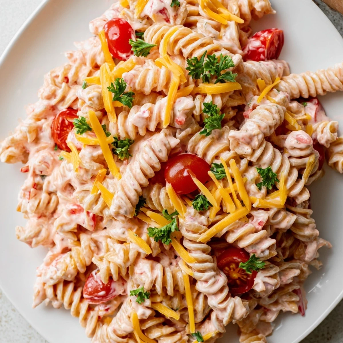Creamy Pink Cadillac pasta salad loaded with cherry tomatoes and colorful vegetables in a vibrant pink dressing