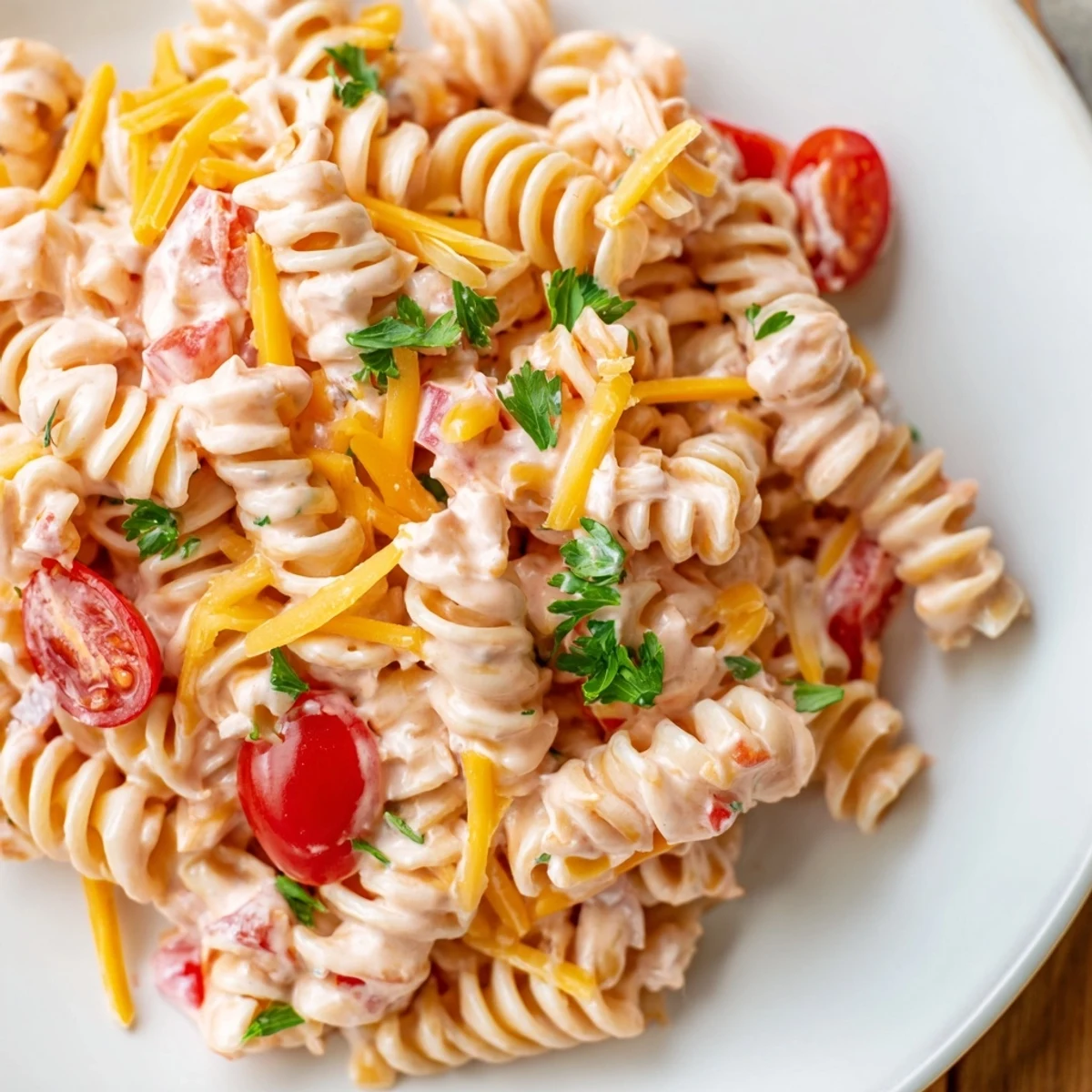 Serving bowl of Pink Cadillac pasta salad featuring rotini pasta tossed with crisp bell peppers and tangy pink sauce