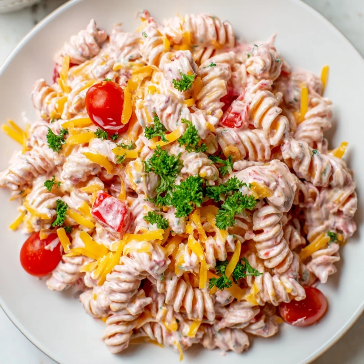 Chilled Pink Cadillac pasta salad showcasing juicy tomatoes, red peppers, and tender noodles coated in creamy pink dressing