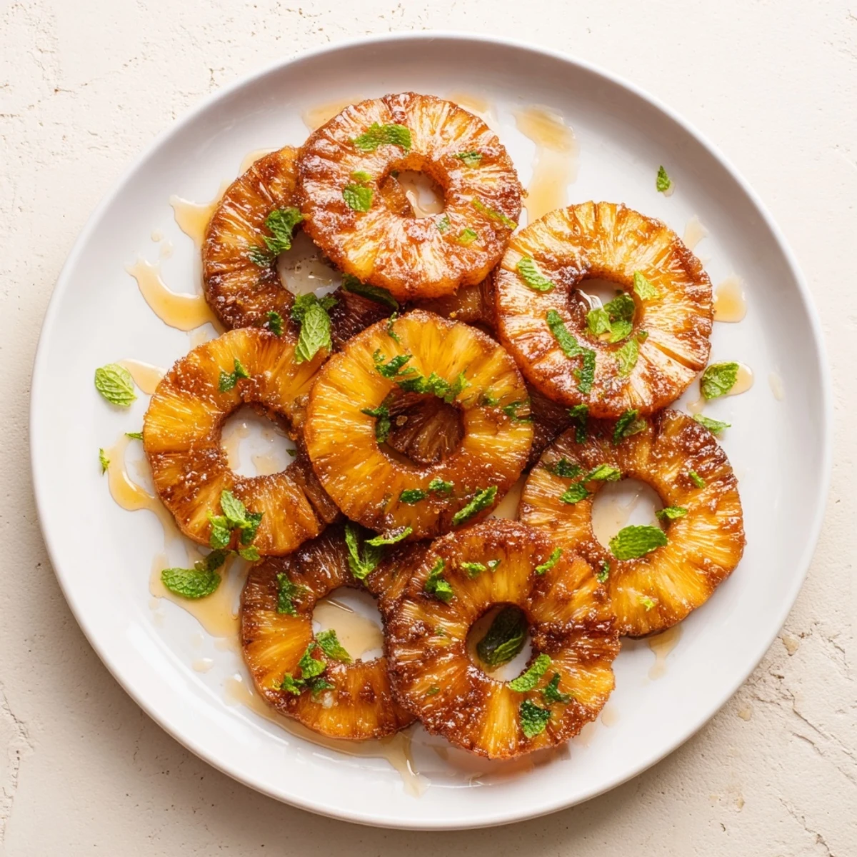 Caramelized air fryer pineapple slices served warm with honey drizzle and fresh mint