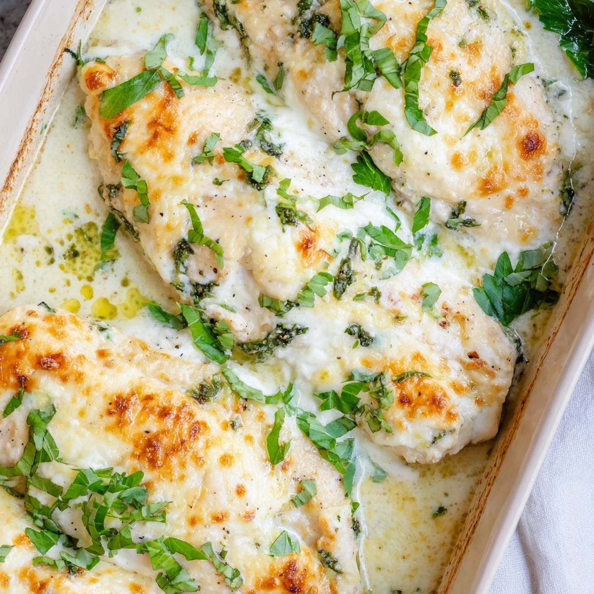 Golden bubbling creamy baked ricotta chicken breast topped with melted cheese and fresh herbs