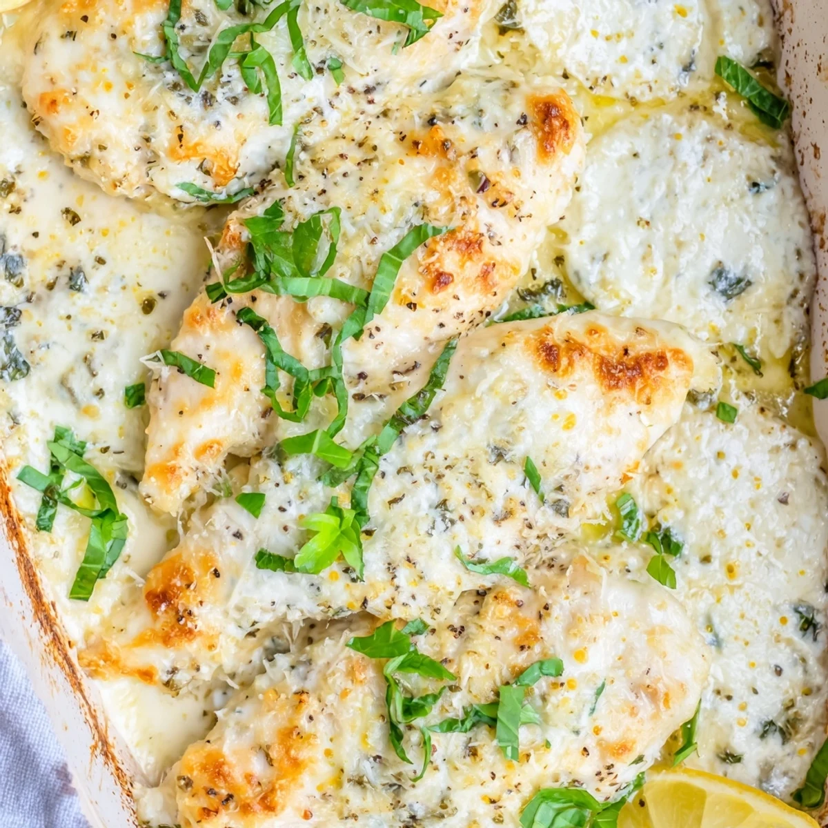 Creamy baked ricotta chicken served hot with parsley garnish on a white baking dish