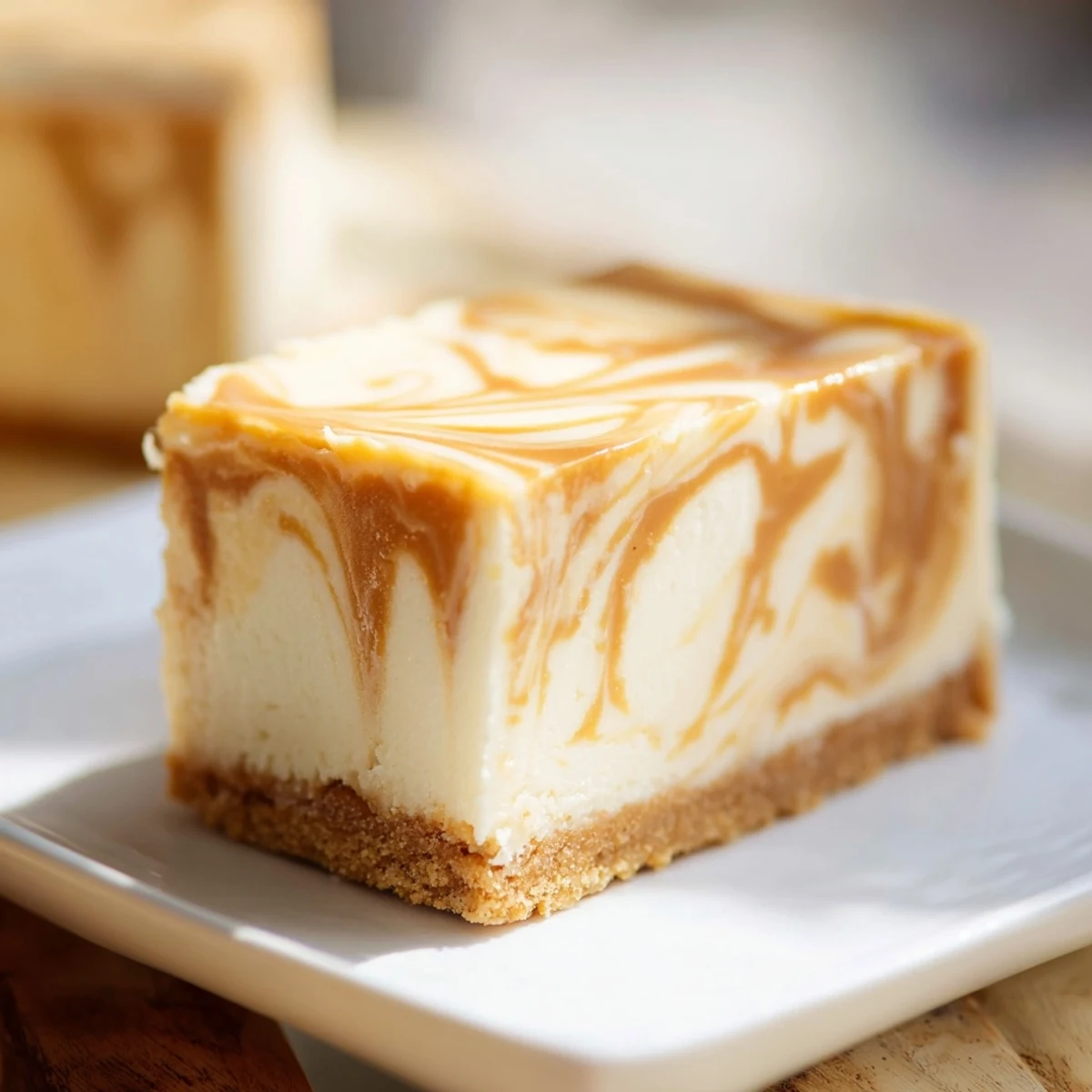 Creamy caramel swirl cheesecake slice on white plate with golden caramel ribbons throughout