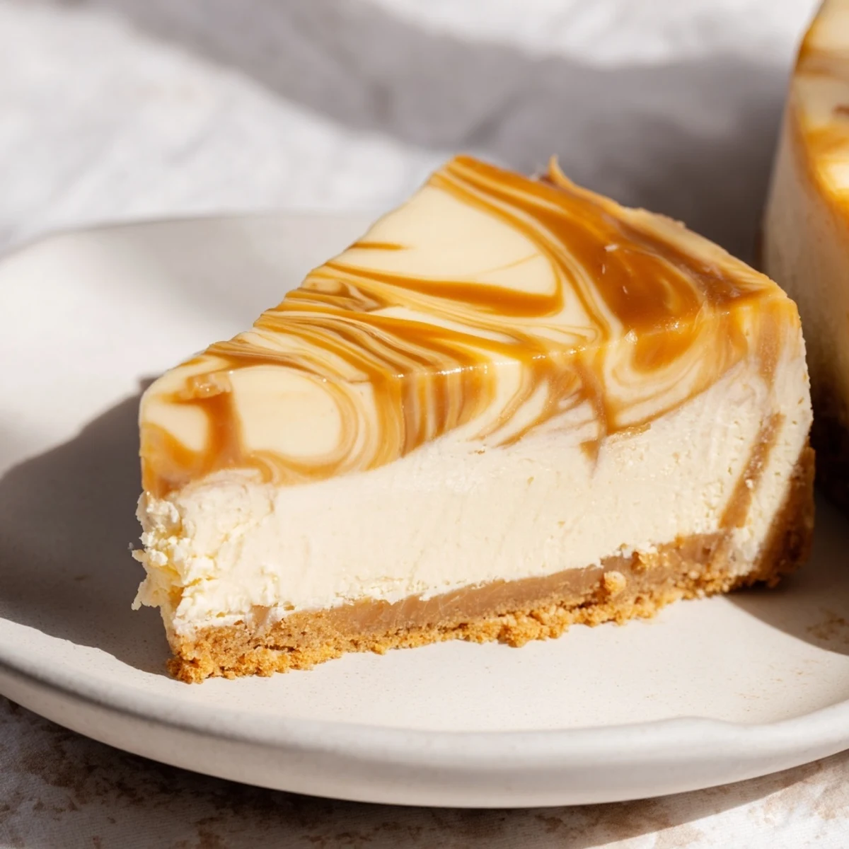 Indulgent caramel swirled cheesecake square topped with drizzled sauce and sea salt flakes