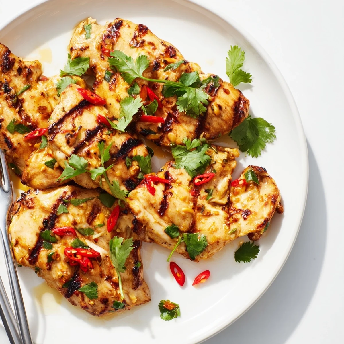 Juicy grilled chili lime chicken breasts with fresh cilantro garnish and lime wedges