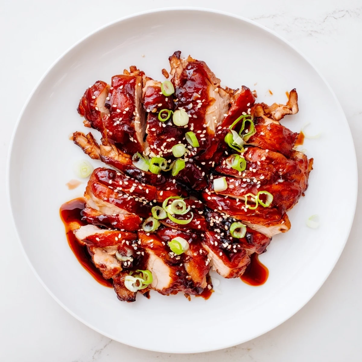 Golden glazed authentic char siu chicken slices arranged on a white platter with fresh green onion garnish