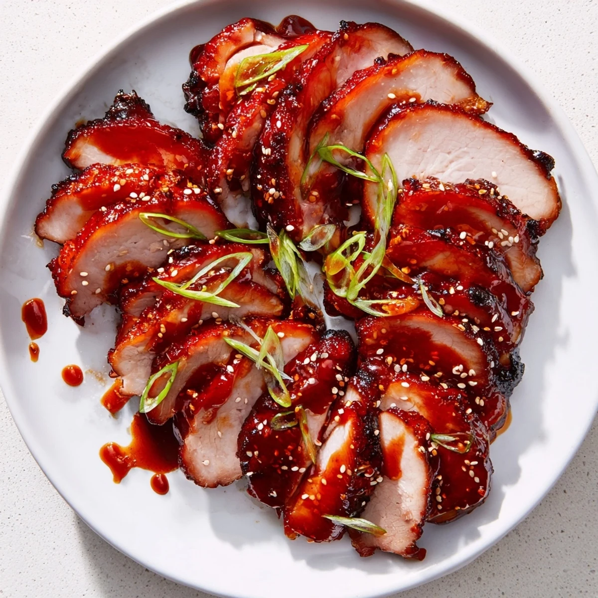 Sliced authentic char siu chicken pieces scattered with sesame seeds over steaming white rice background
