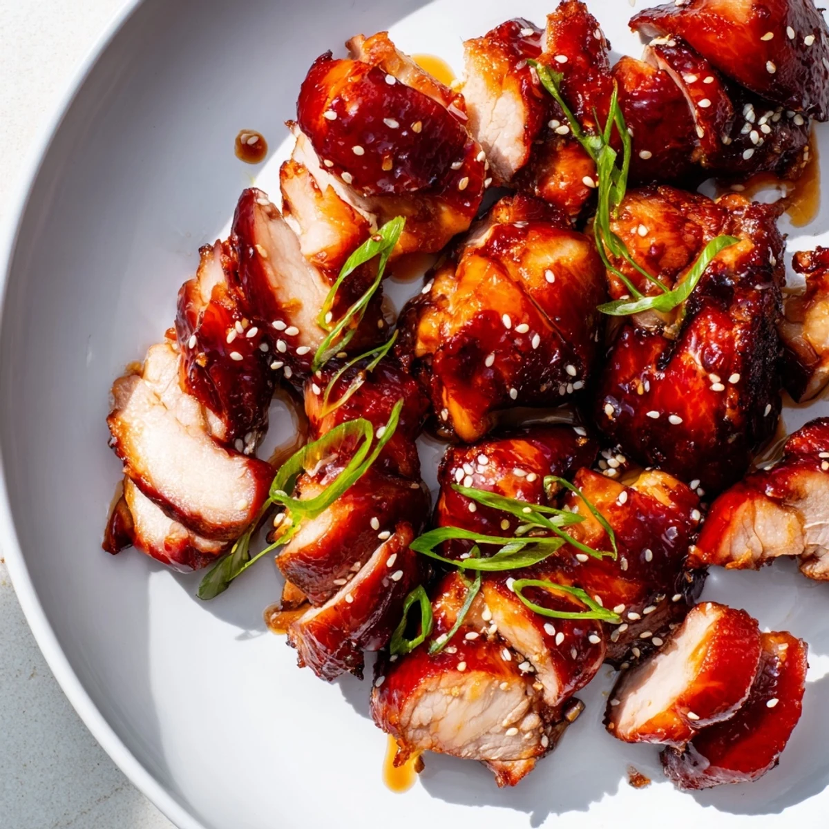 Caramelized roasted authentic char siu chicken thighs with shiny sweet and savory red marinade coating