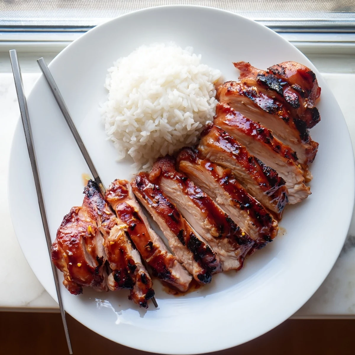 Golden glazed Char Siu chicken thighs glistening with caramelized honey barbecue sauce on a white plate