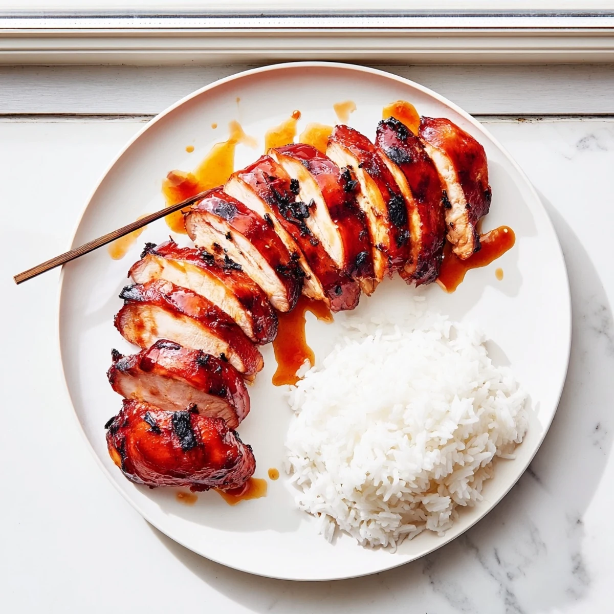 Slices of sticky Cantonese-style Char Siu chicken arranged over steamed jasmine rice with vibrant bok choy