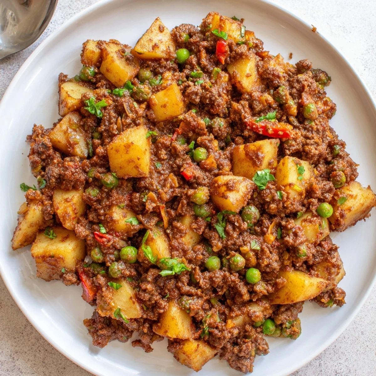 Hearty Potato Mince sizzling in skillet with tender potatoes and spices