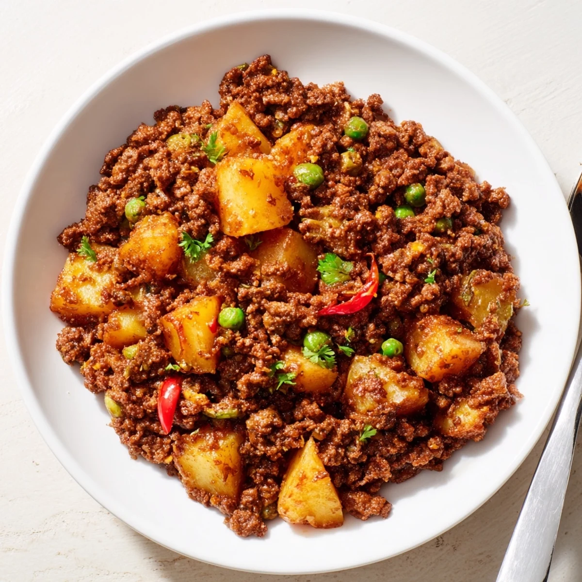 Comforting Potato Mince bubbling with browned meat, potatoes, and aromatic cumin
