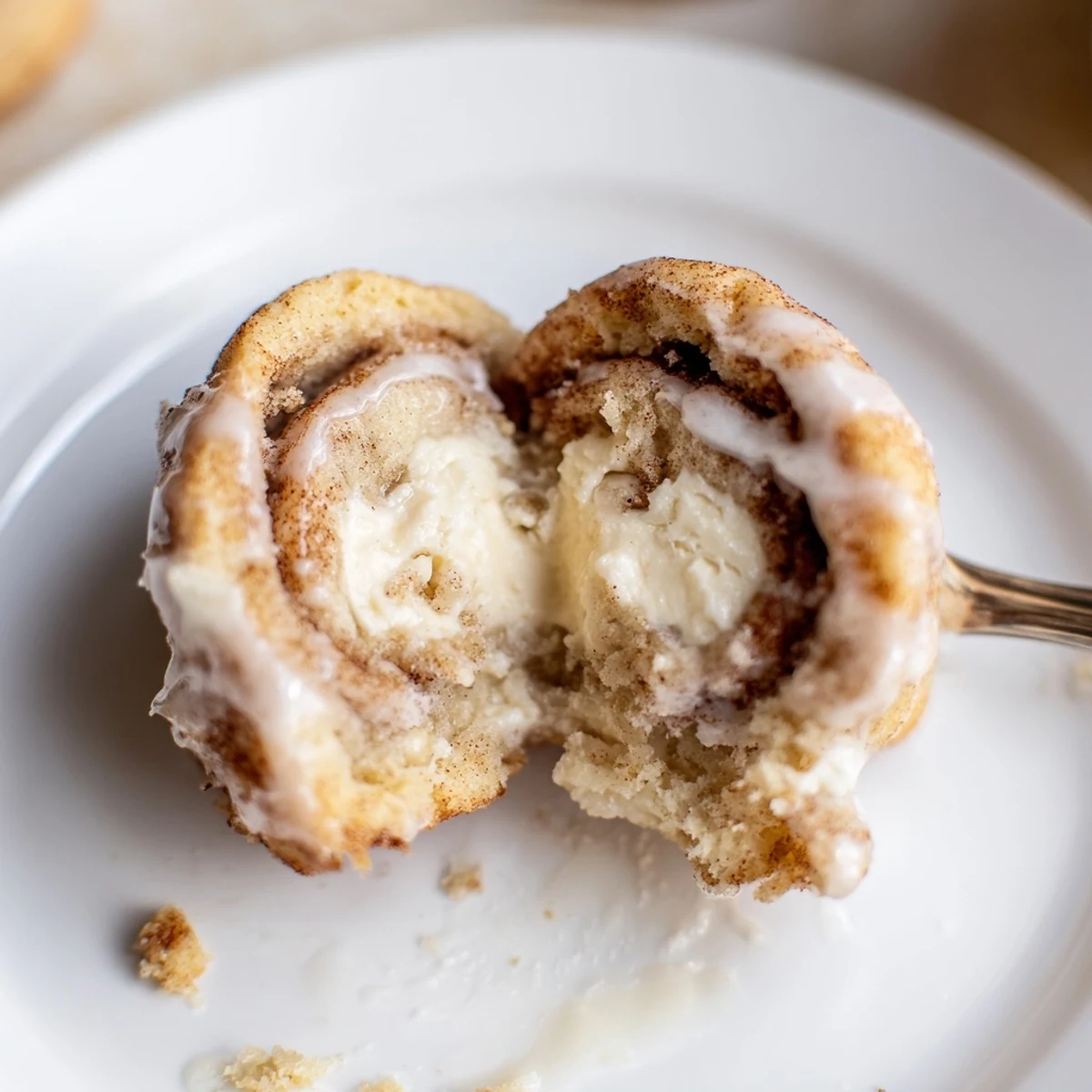 Plate of Cinnamon Roll Cheesecake Cookies, golden edges, soft centers, drizzled glaze