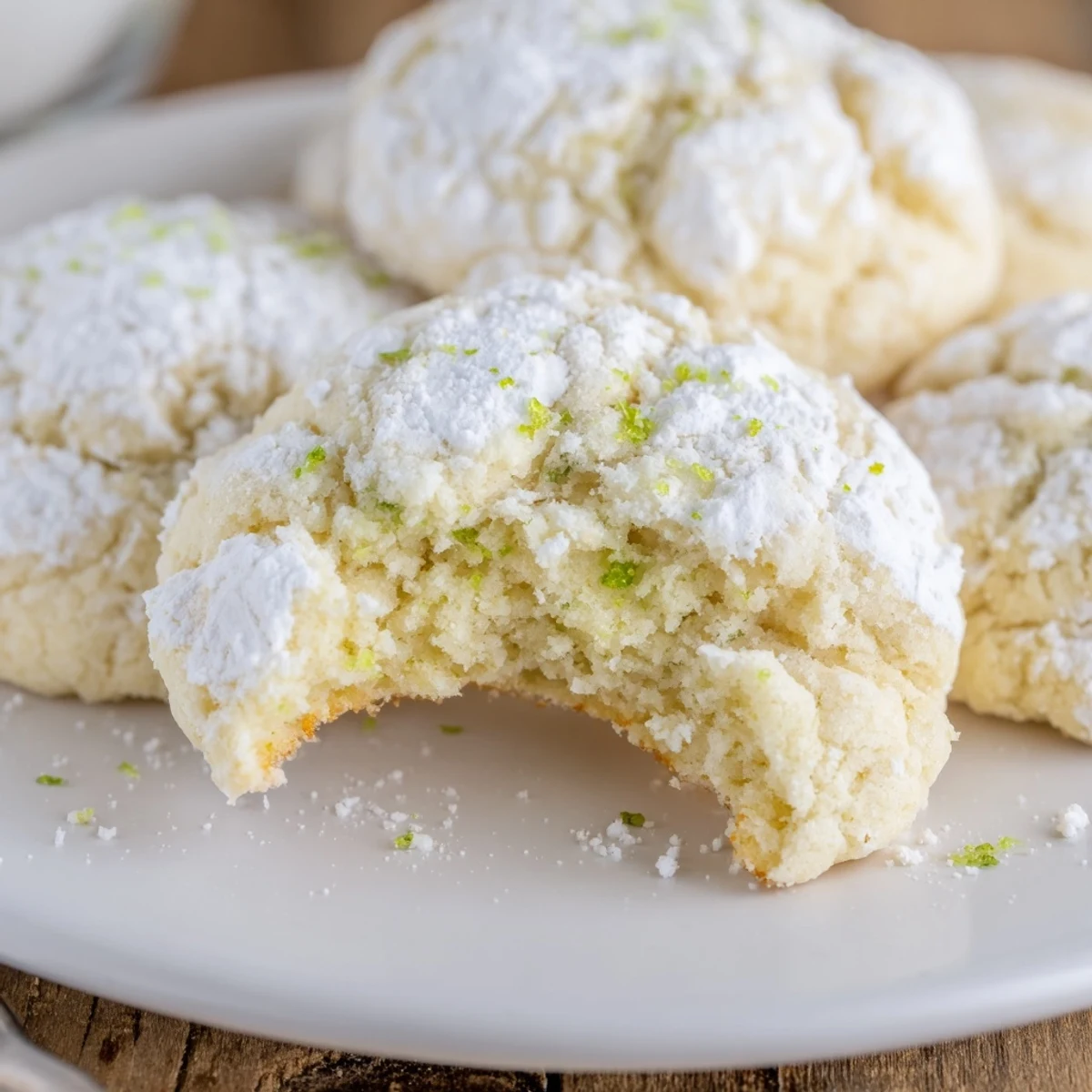Tropical Coconut Key Lime Crinkle Cookies stacked, zesty lime aroma and powdered sugar.