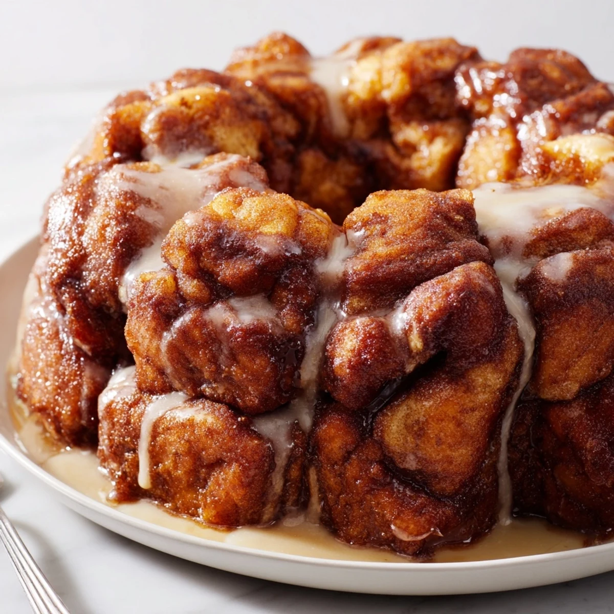 Warm Cinnamon Roll Monkey Bread with glistening icing, gooey cinnamon sugar pull apart