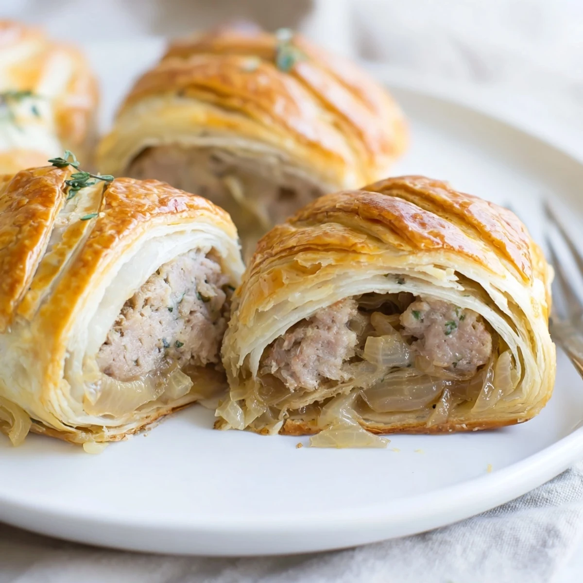 French Onion Sausage Rolls steaming on a baking sheet, flaky golden pastry  