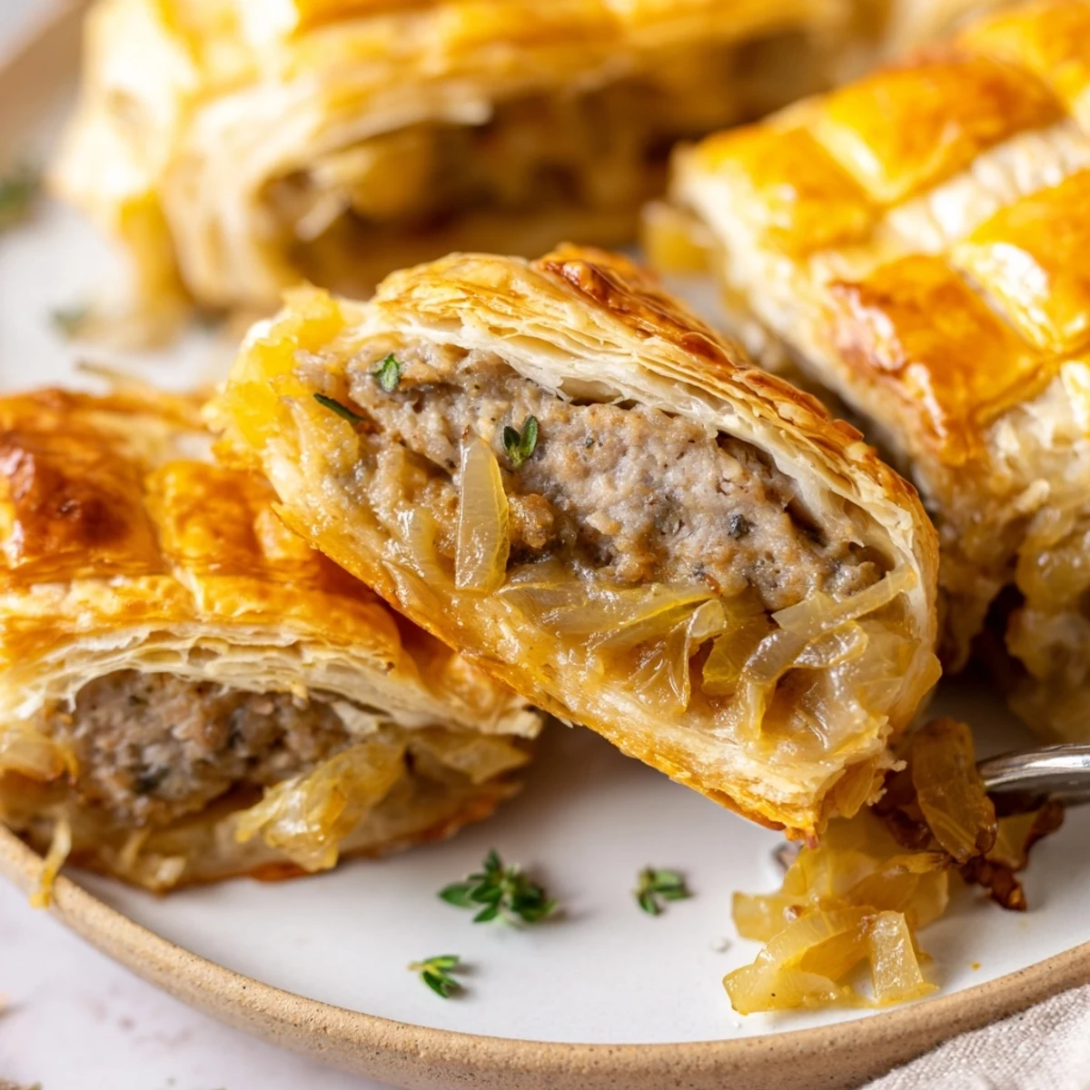 Sliced French Onion Sausage Rolls served with Dijon mustard and crisp salad