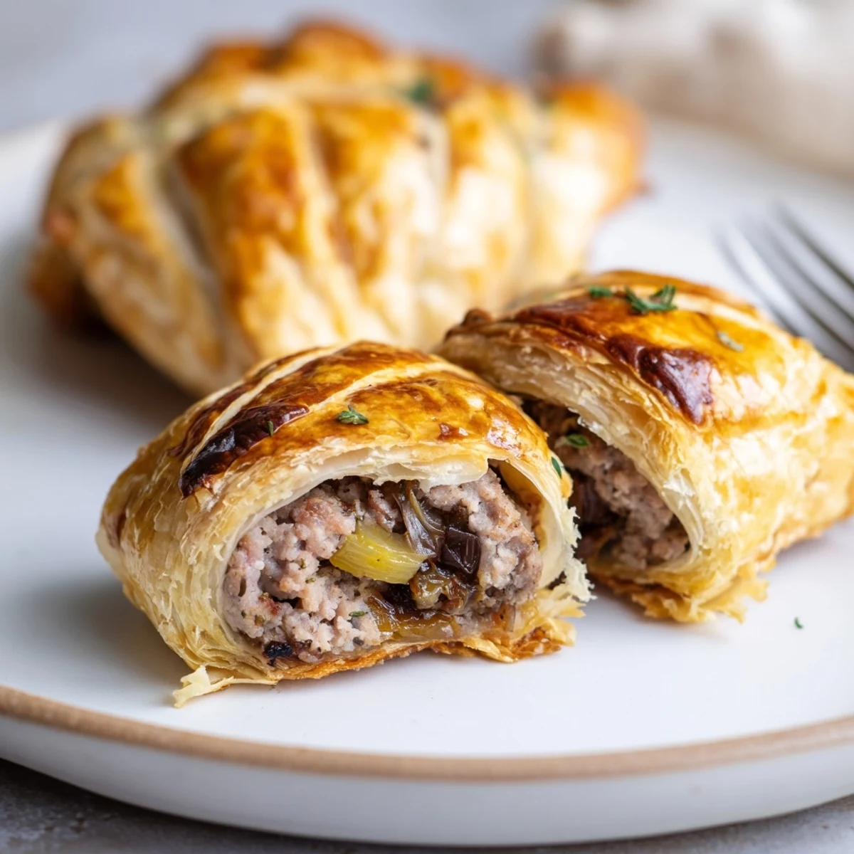 Warm French Onion Sausage Rolls filled with caramelized onions and savory pork  