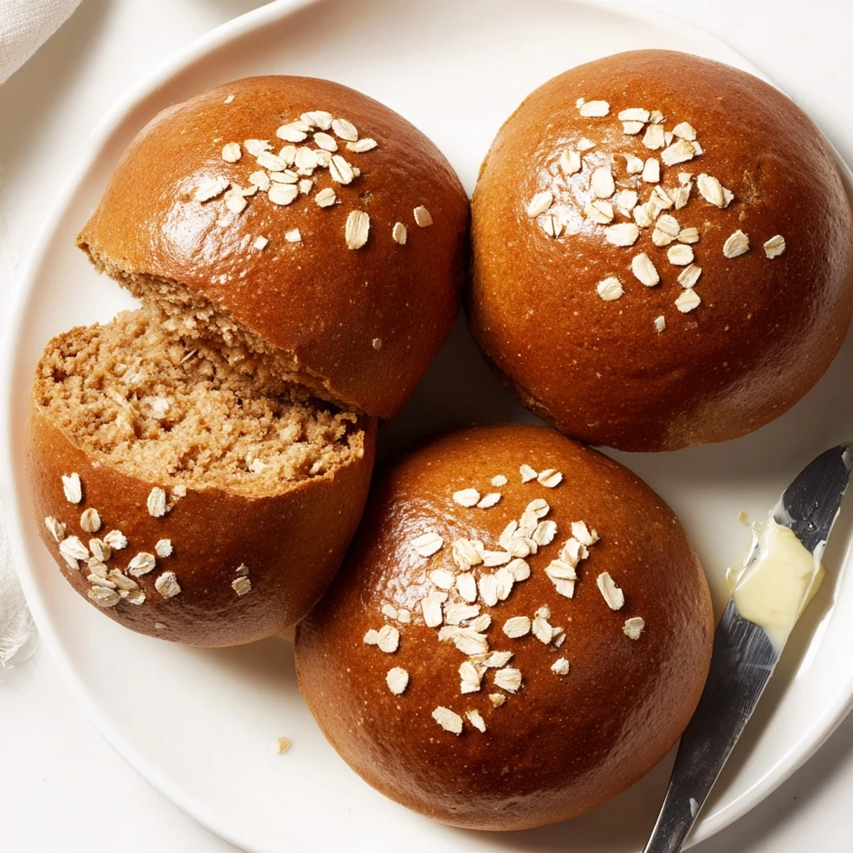 Warm Rustic Oatmeal Molasses Dinner Rolls sliced, butter melting, cozy soup accompaniment