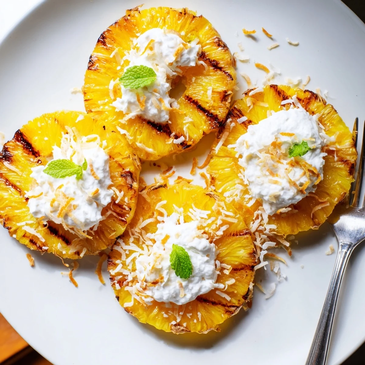 Charred Creamy Citrus Grilled Pineapple drizzled with silky citrus cream and zest.