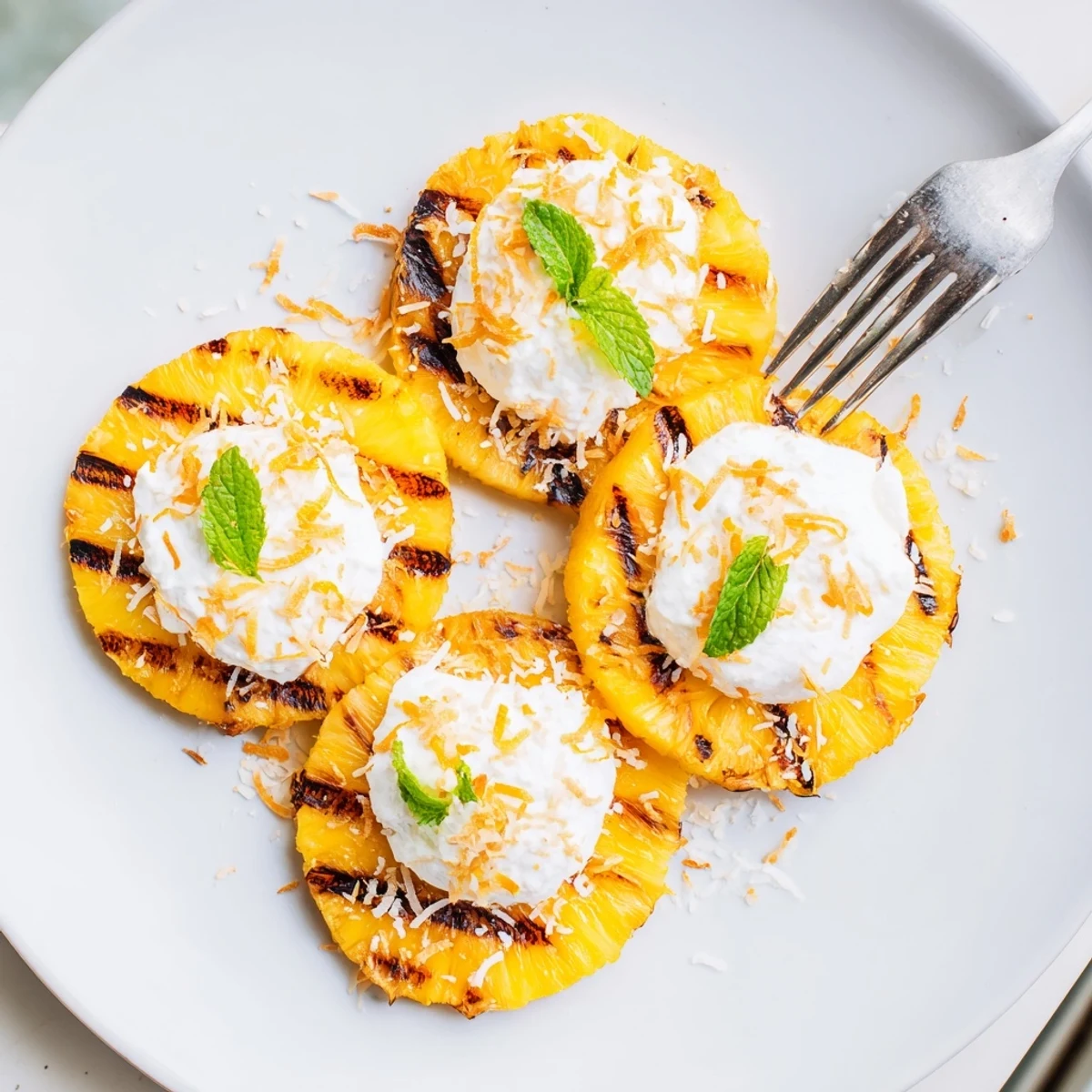 Creamy Citrus Grilled Pineapple with caramelized rings, bright citrus cream, mint.