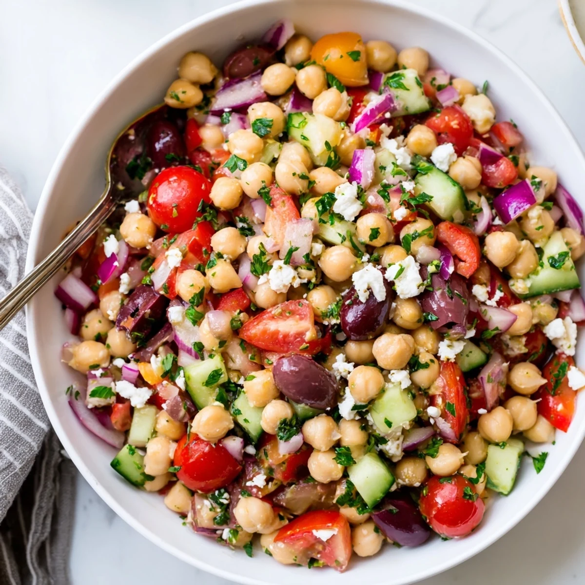 Bowl of Vibrant Mediterranean Chickpea Delight topped with crumbled feta, fresh parsley