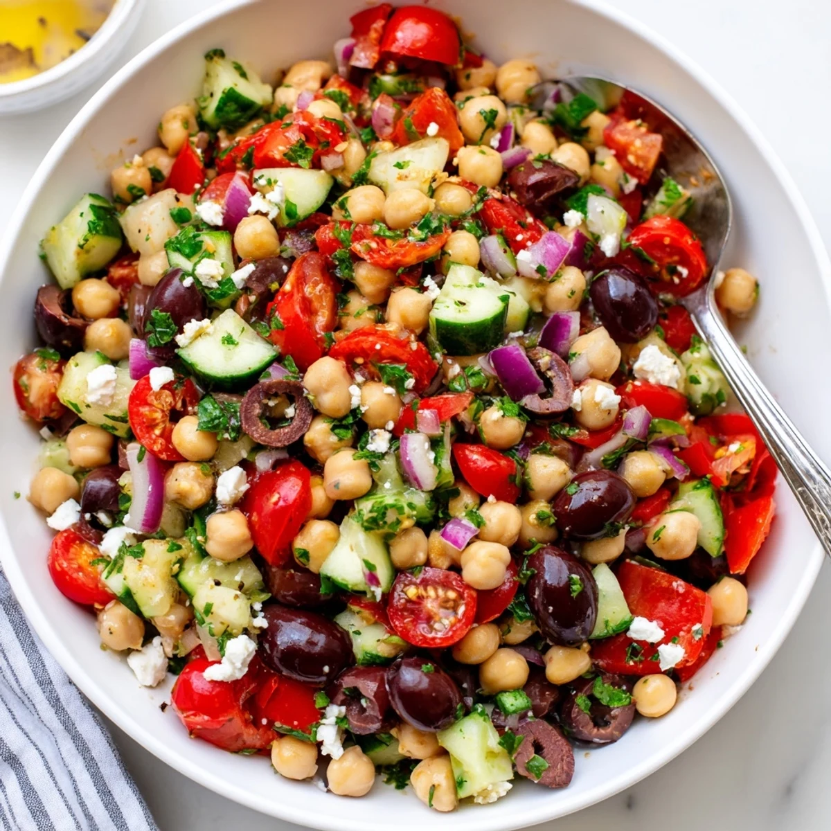 Serve Vibrant Mediterranean Chickpea Delight chilled as a colorful, protein packed light meal