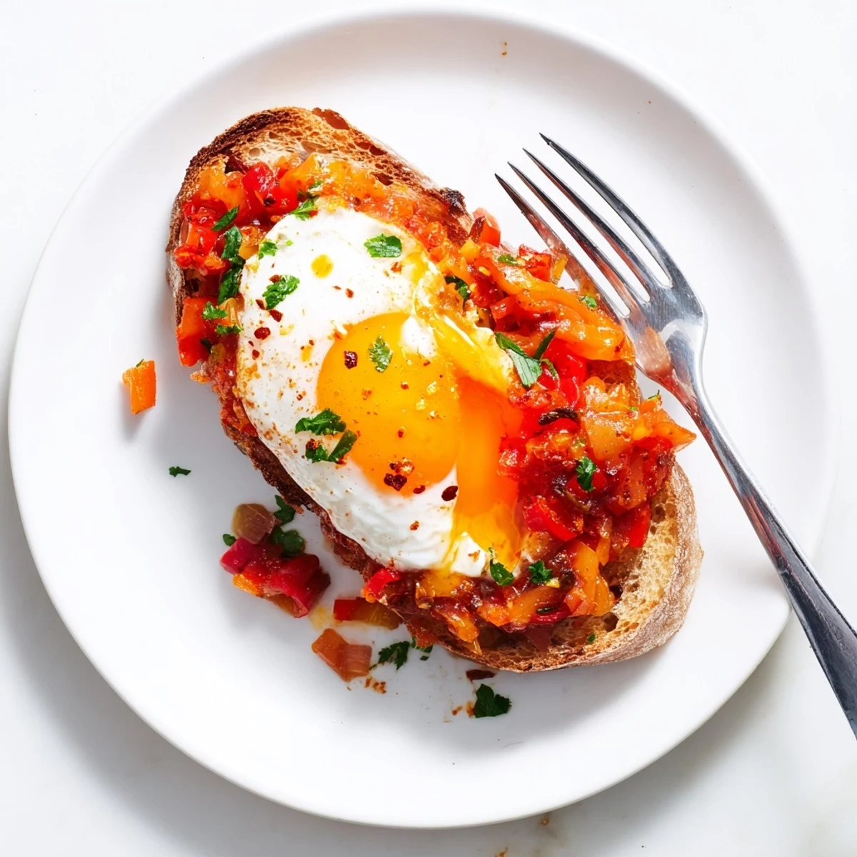 Shakshouka Toast with runny eggs in spicy tomato-pepper sauce on sourdough