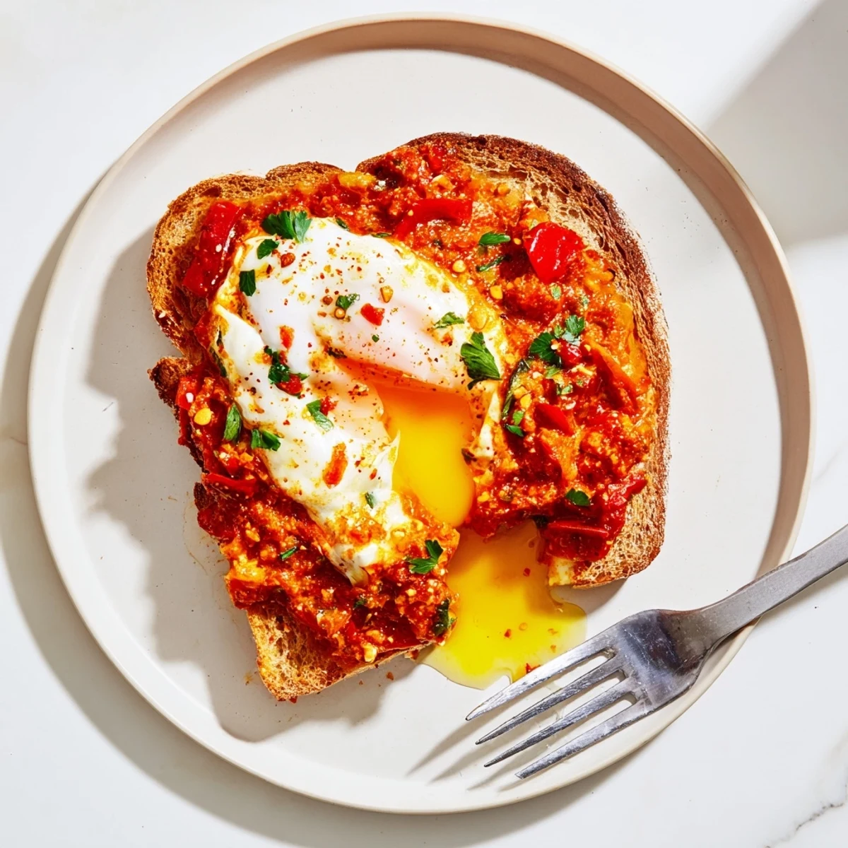 Golden-toasted Shakshouka Toast topped with parsley, soft yolks, and smoky paprika