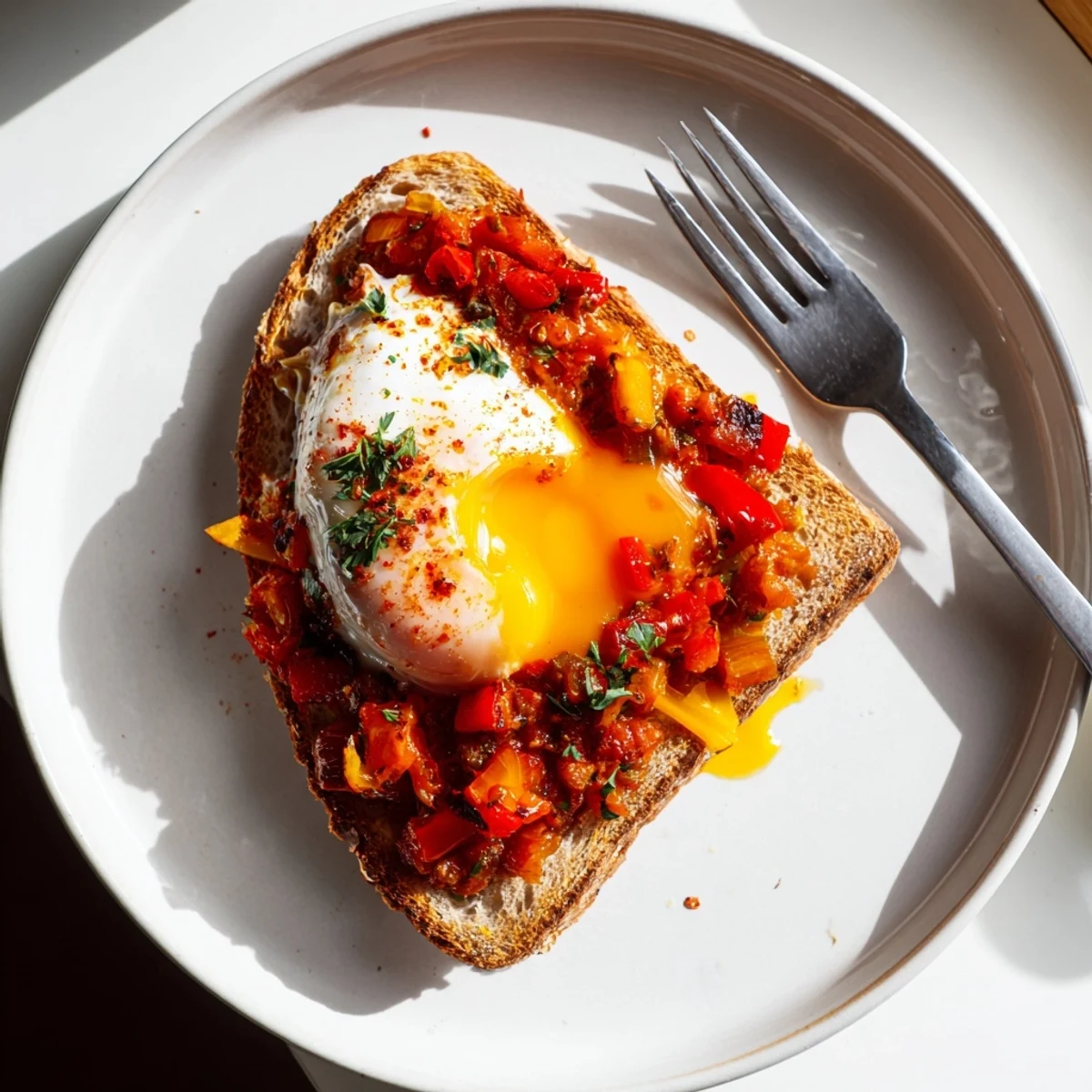 Skillet-braised Shakshouka Toast served hot with toasted bread and fresh salad