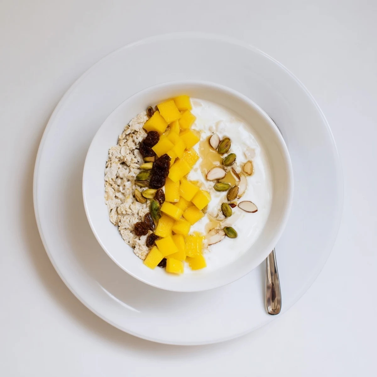 Creamy Indian Cardamom Overnight Oats topped with mango and pistachios, chilled.