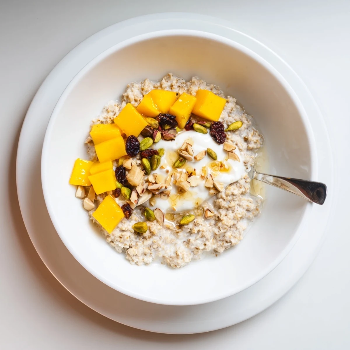 Spoon-ready Indian Cardamom Overnight Oats garnished with almonds, honey drizzle.