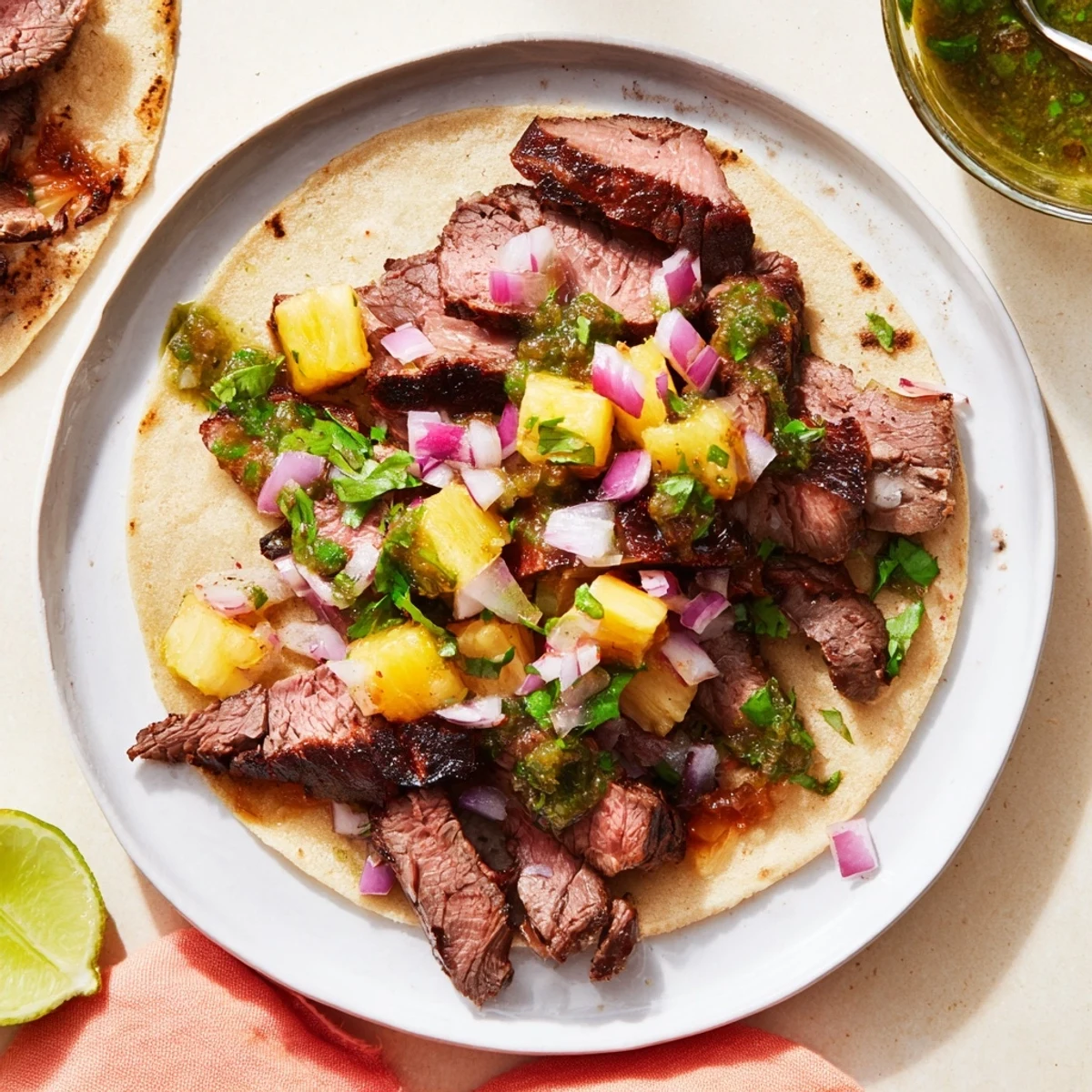 Savory Beef Al Pastor Tacos Delight piled on corn tortillas, cilantro-sprinkled  