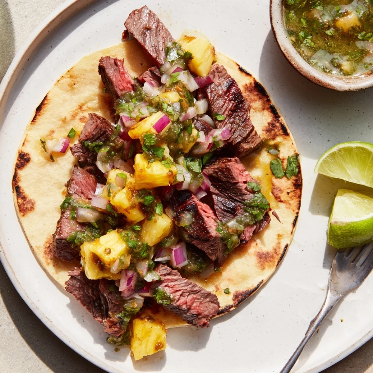 Bright, juicy Savory Beef Al Pastor Tacos Delight served with salsa verde
