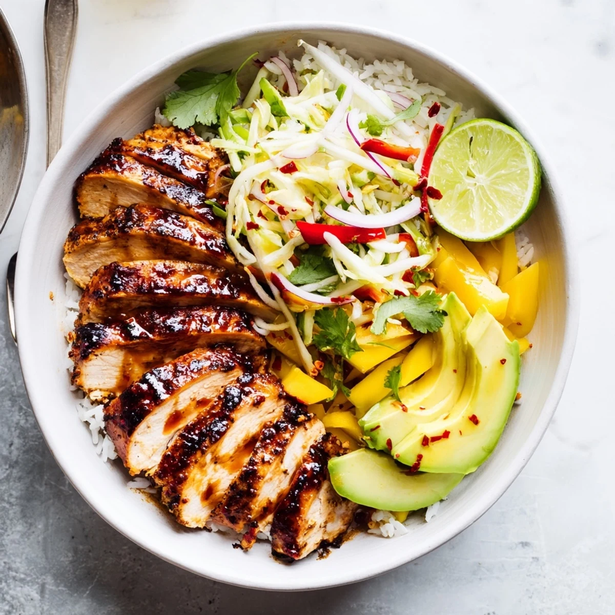 Steaming jasmine rice beneath sliced chicken in Jerk Chicken Bowls With Mango Lime Slaw