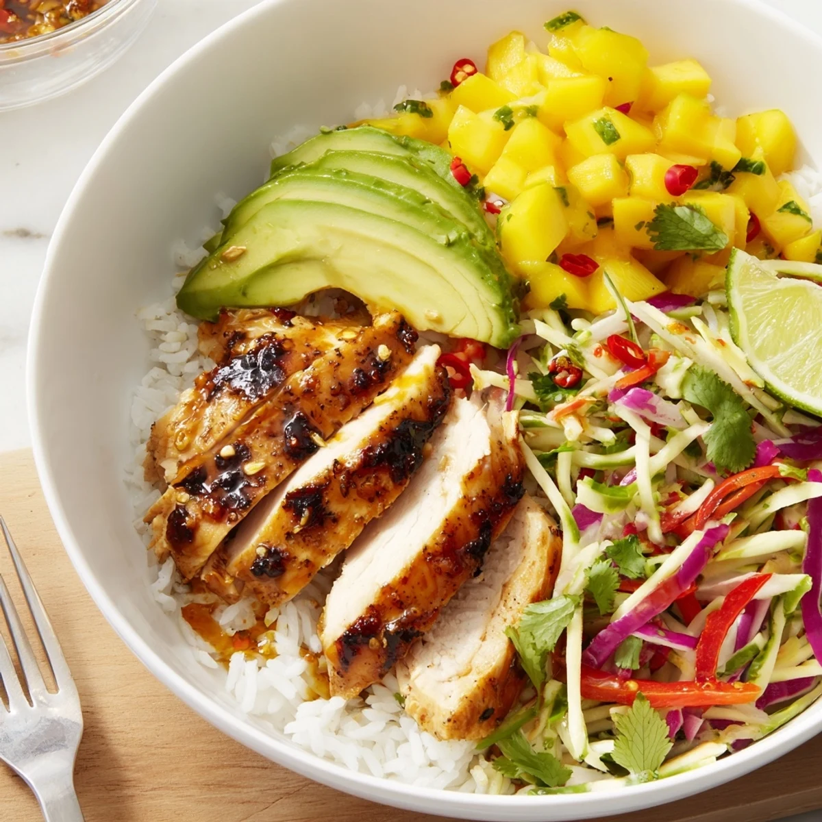 Jerk Chicken Bowls With Mango Lime Slaw topped with sliced avocado, charred chicken