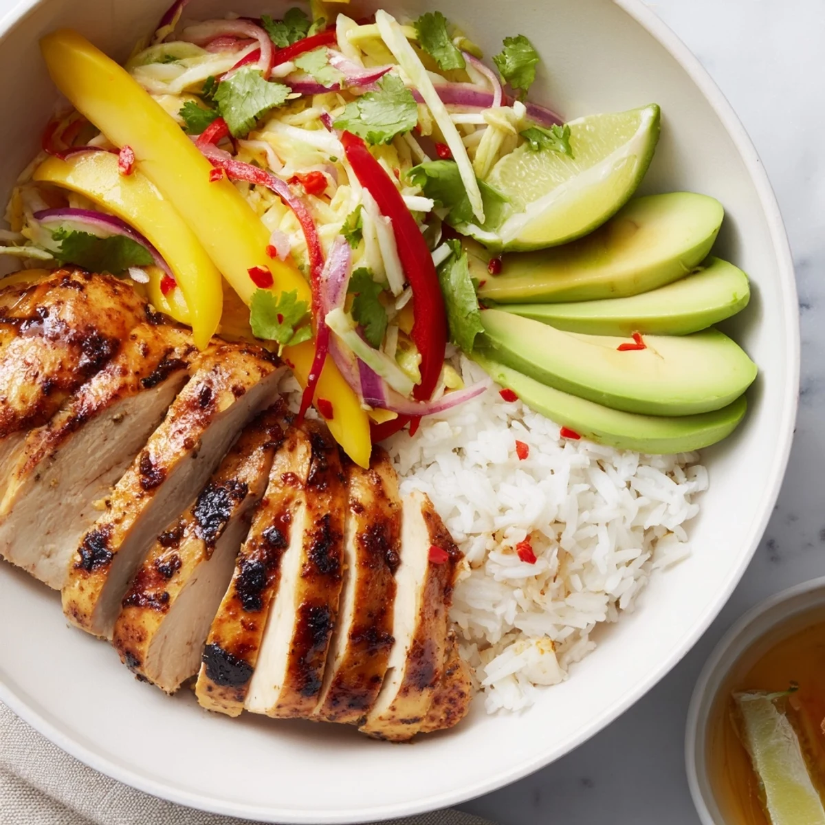 Citrusy lime wedge and cilantro next to Jerk Chicken Bowls With Mango Lime Slaw