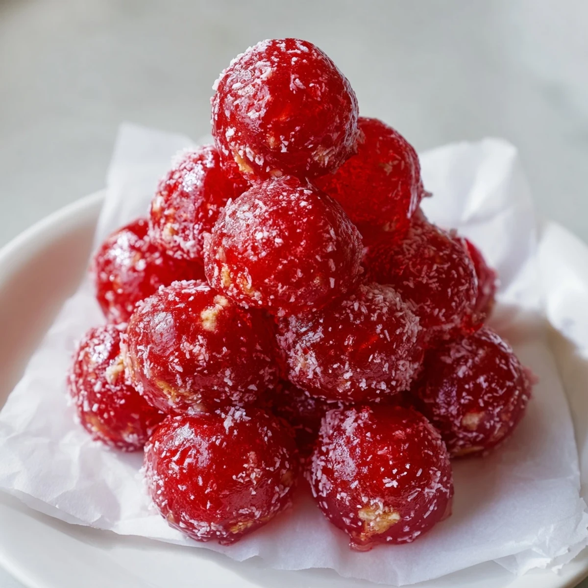 Christmas Jello Balls glistening with shredded coconut, chopped nuts, and mini marshmallows