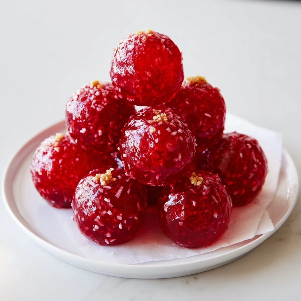 Plate of Christmas Jello Balls chilled, fruity, bite-sized, perfect for holiday parties