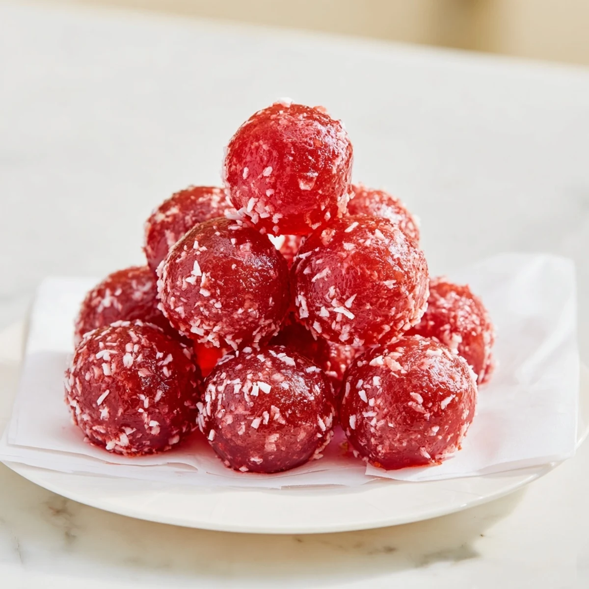 Hands shaping Christmas Jello Balls coated in coconut, soft texture, sweet pineapple aroma