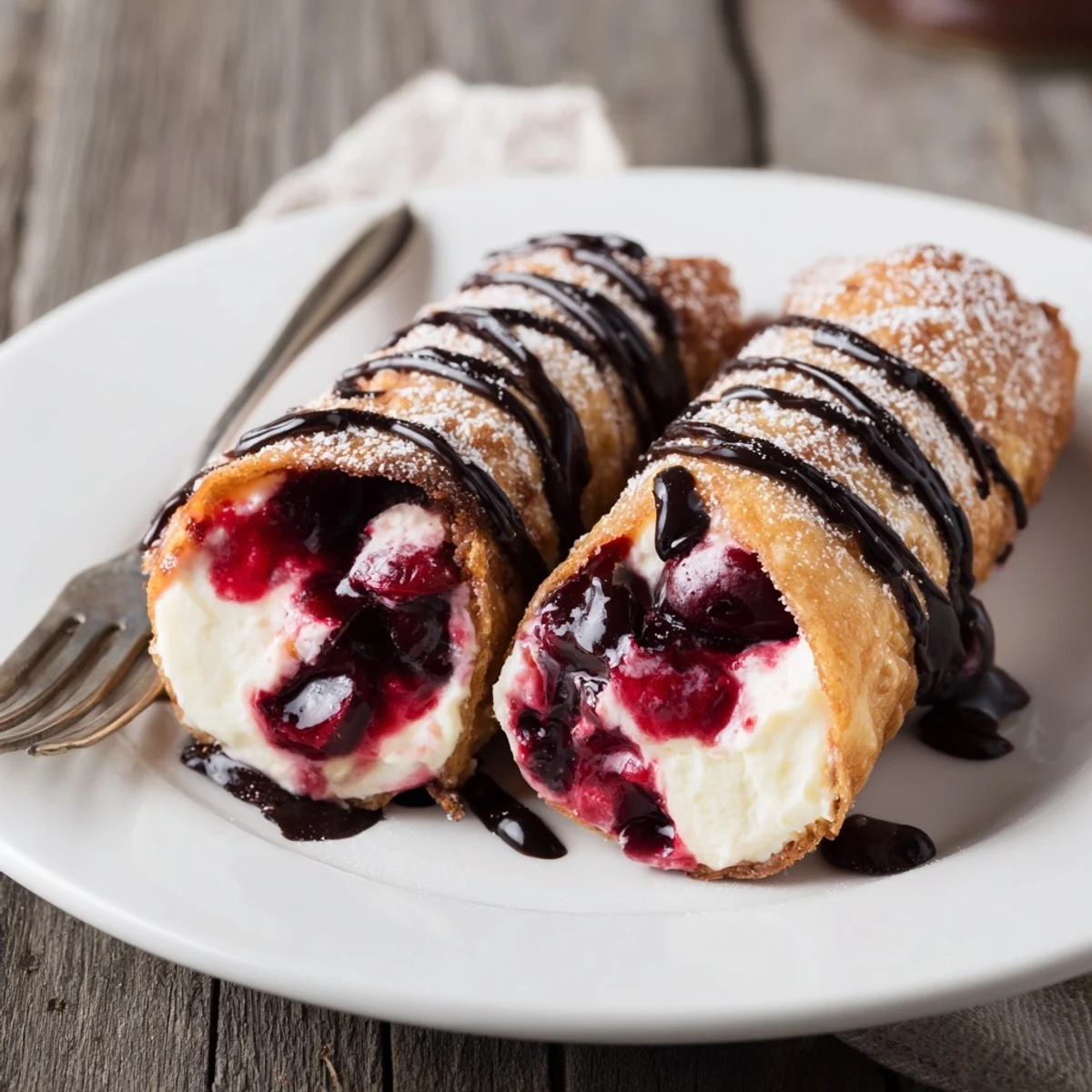 Warm Cherry Cheesecake Egg Rolls Delight sliced, golden, with powdered sugar dusting