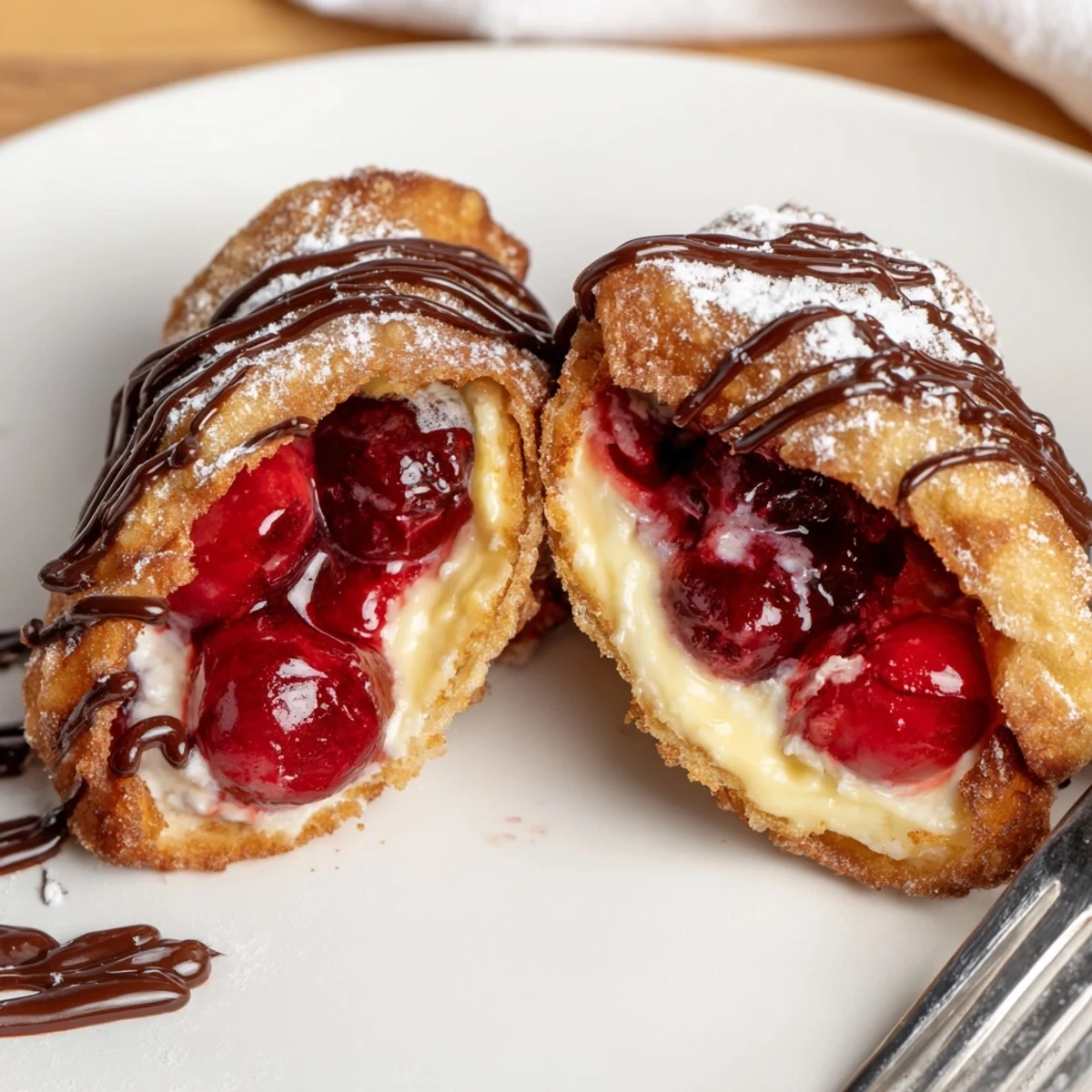 Plate of warm Cherry Cheesecake Egg Rolls Delight drizzled with melted chocolate