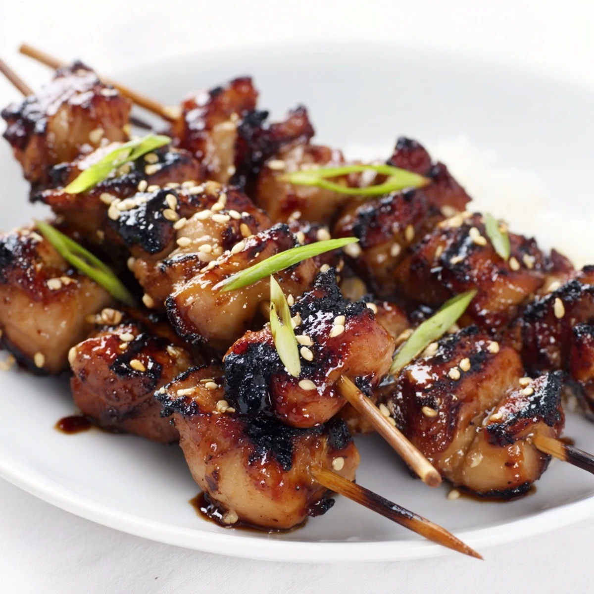 Teriyaki Chicken Skewers glistening with sticky glaze, grilled to charred edges  