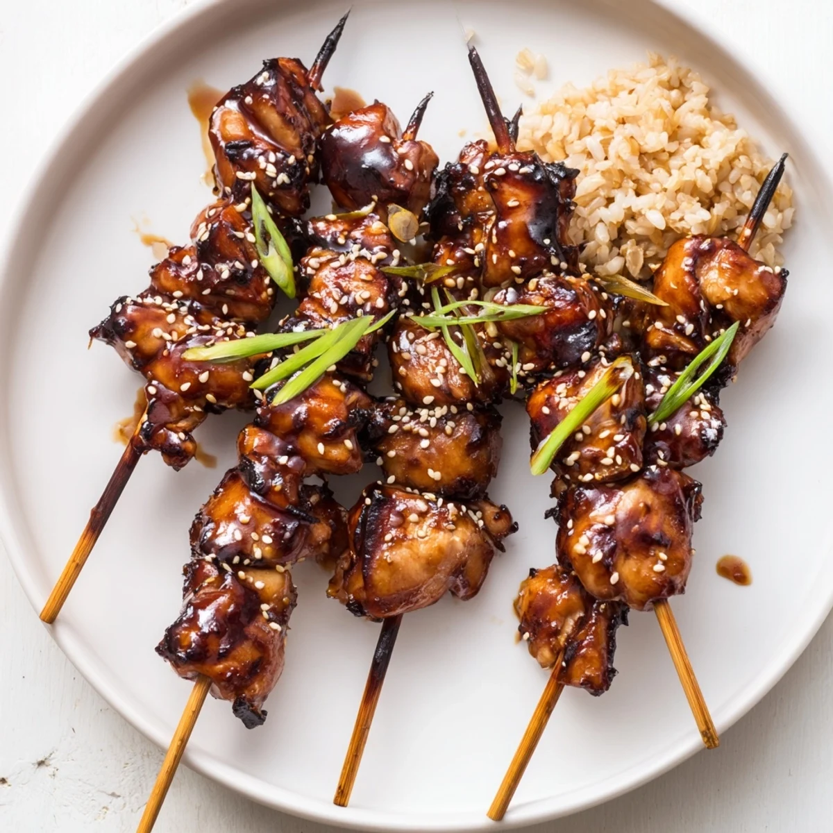 Smoky Teriyaki Chicken Skewers brushed with glaze, sprinkled with toasted sesame