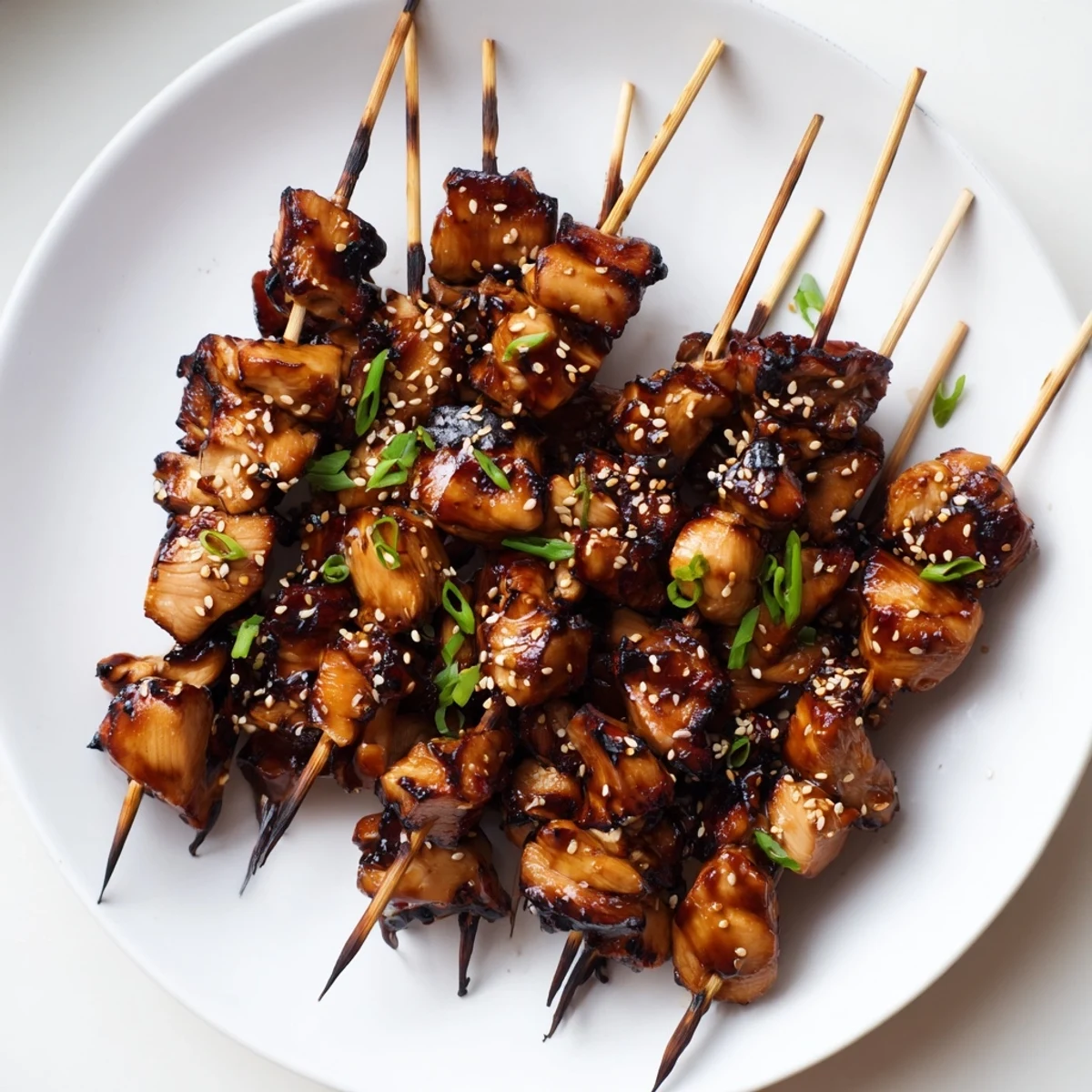 Warm Teriyaki Chicken Skewers served on steamed rice, sesame and scallions  