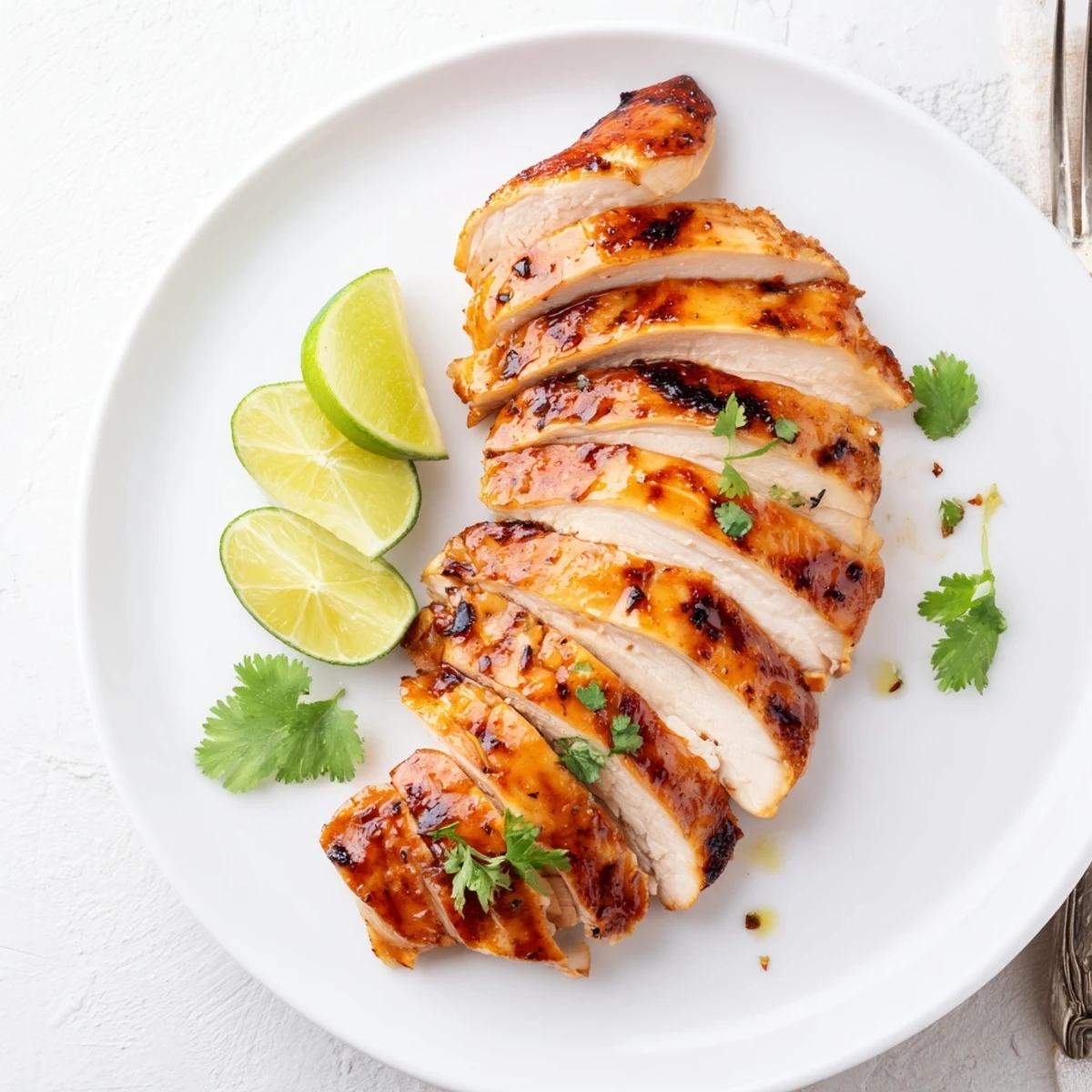 Sliced Key West Grilled Chicken served over coconut rice, lime wedge