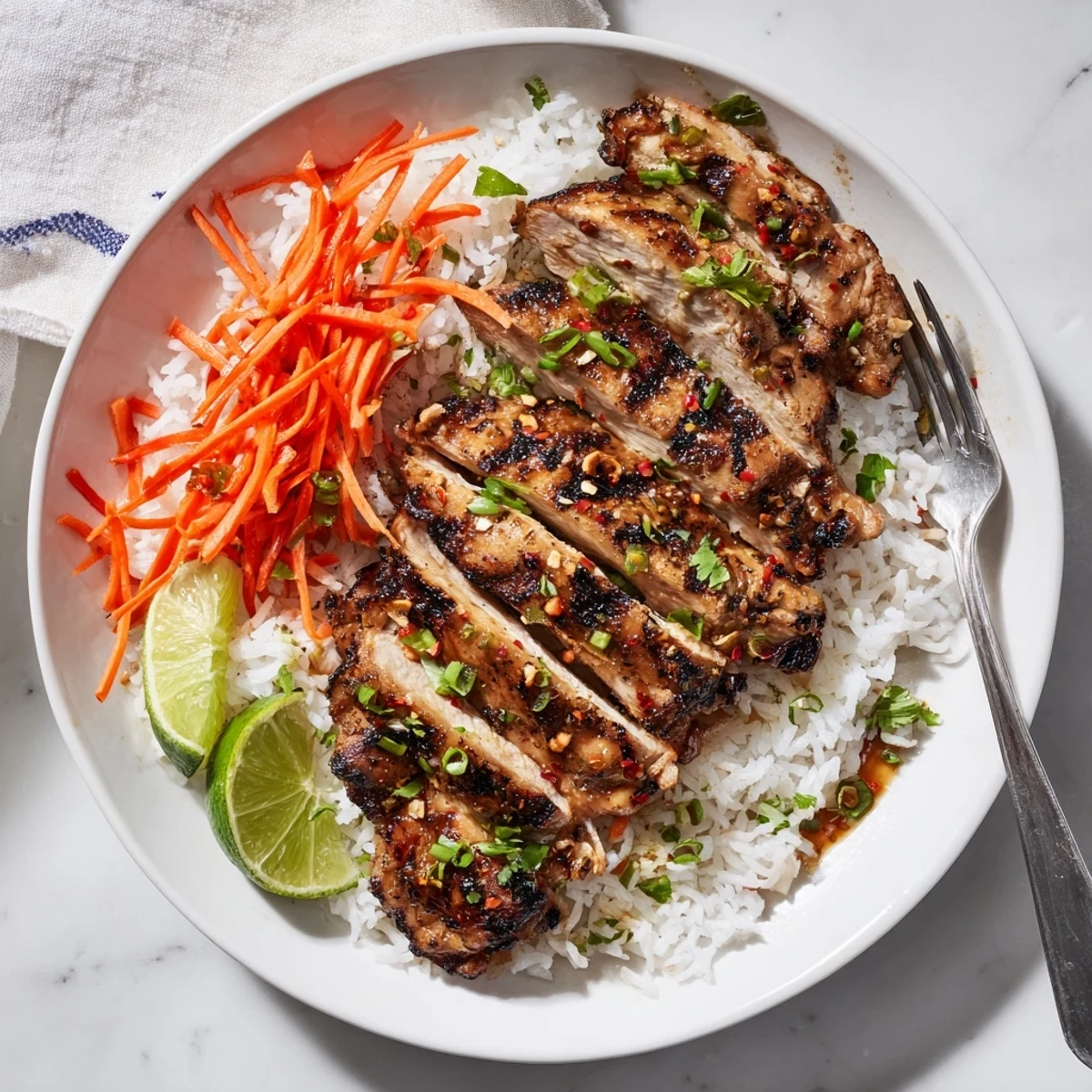 Grilled Vietnamese Chicken glistening with charred edges, cilantro garnish and lime