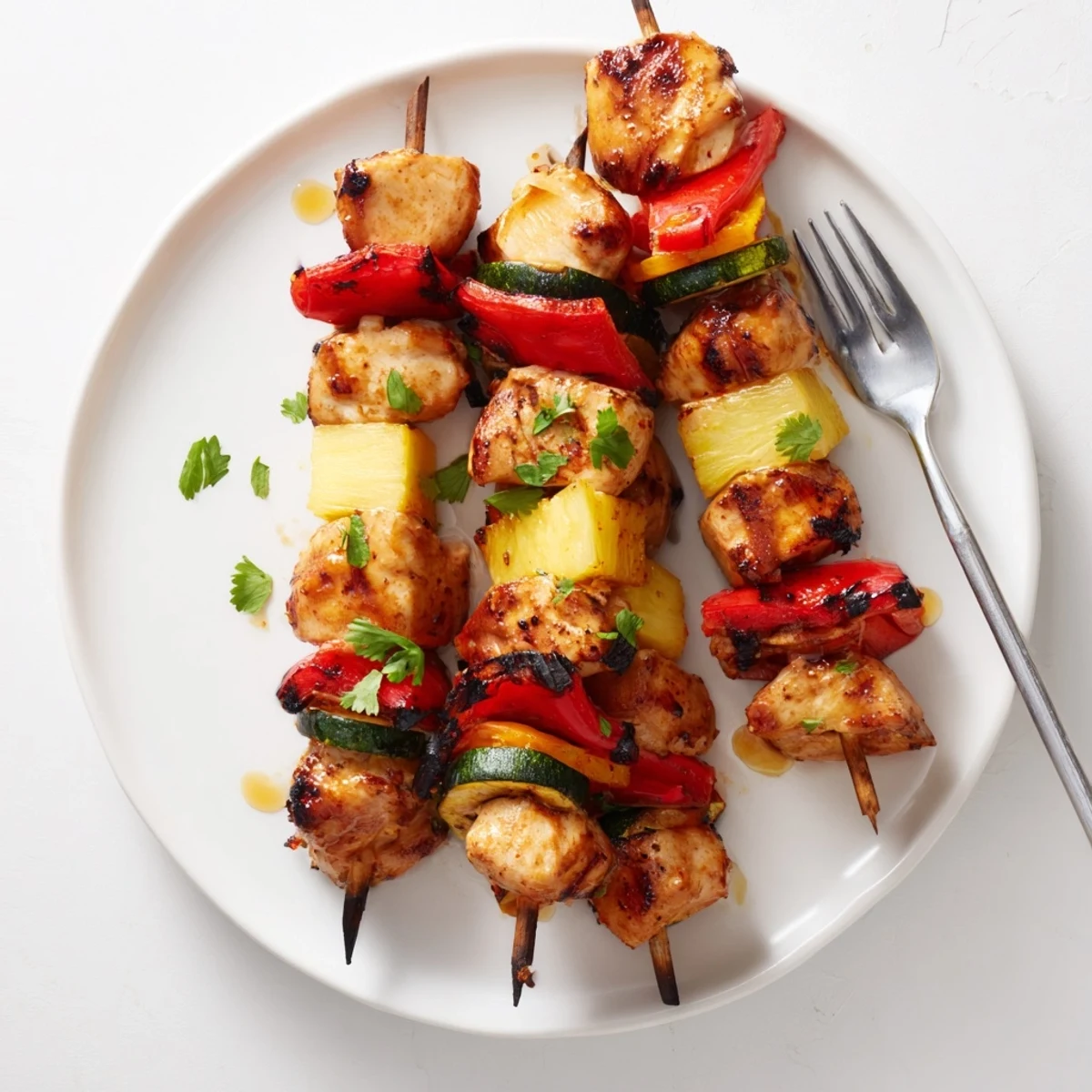 Grilled Chicken Kabobs With Pineapple And Zucchini sizzling with smoky char, served hot