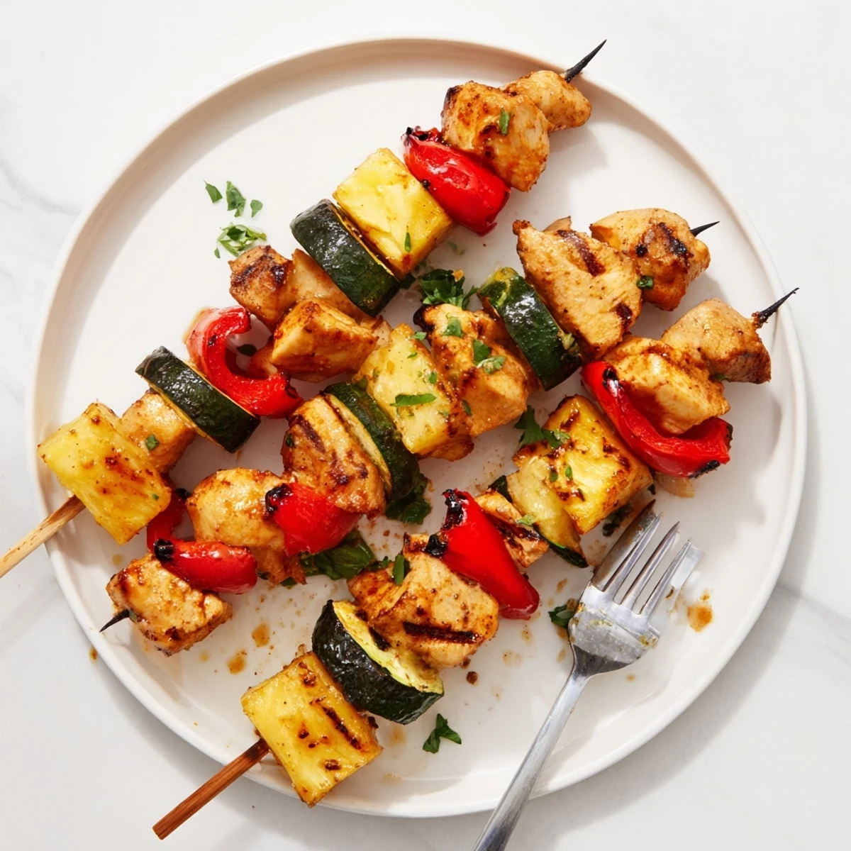 Weeknight Grilled Chicken Kabobs With Pineapple And Zucchini plated with rice and fresh herbs