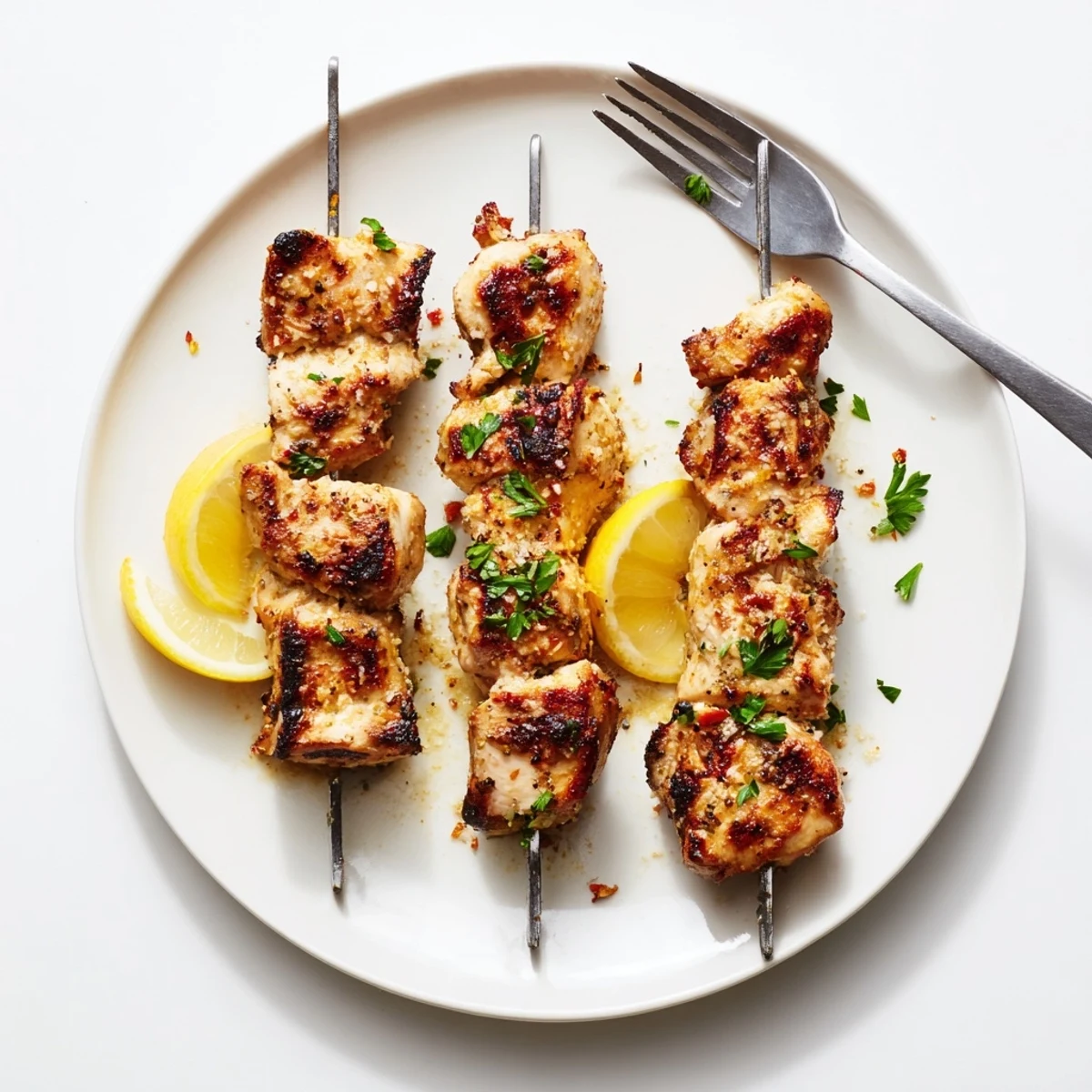Grill-ready Savory Garlic Parmesan Chicken Skewers For Effortless Summer Grilling served with lemon wedges